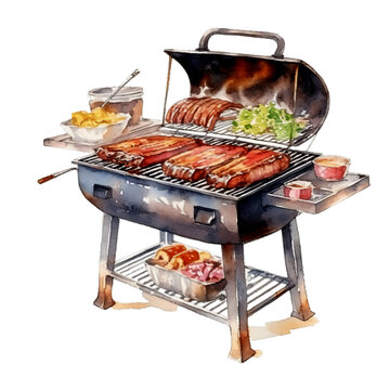 Grill Aquarell BBQ Fleisch Gem&uuml;sespie&szlig;e Feuer Kochkunst Wandkunst Outdoor Kochen Sommerparty Essen Illustration Handgemalt Lebensmittelkunst Gartenparty Dekor
