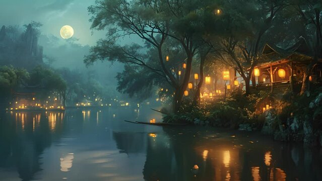 The warm glow of lanterns guiding the way to a secluded lake, where yogis come to practice under the full moons radiance.