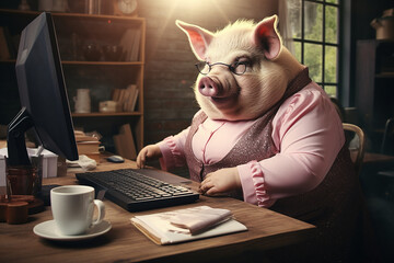 Fat pig lady office worker wearing dress and jewelry sitting behind computer desk in office