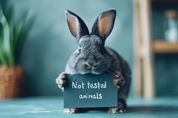 A gray rabbit holds a sign with the inscription "Not tested on animals", Concept: ethical treatment of animals, Laboratory research and cruelty-free testing.
