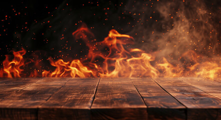 Blank wooden table with fire burning at the edge of the table, fire sparks and smoke with flames on...