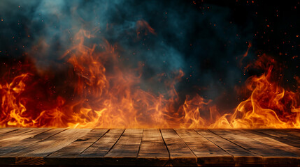 Blank wooden table with fire burning at the edge of the table, fire sparks and smoke with flames on a dark background to display products - obrazy, fototapety, plakaty