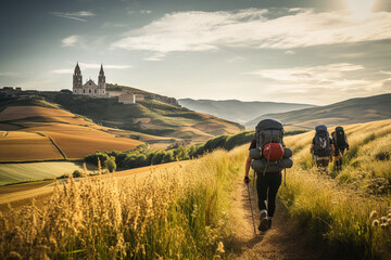 A pilgrimage along the historic Camino de Santiago trail, guiding spiritual seekers through picturesque landscapes and cultural encounters. - obrazy, fototapety, plakaty
