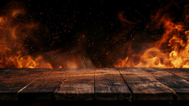 Blank wooden table with fire burning at the edge of the table, fire sparks and smoke with flames on a dark background to display products