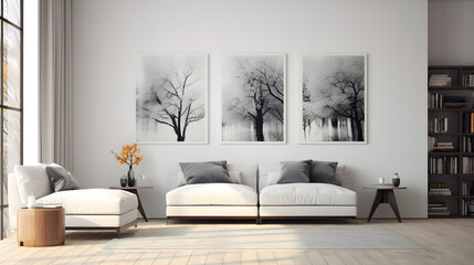 white wall with one or two furnitures room with digital prints