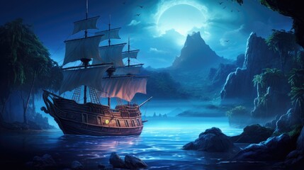 pirate ship on beach at night 