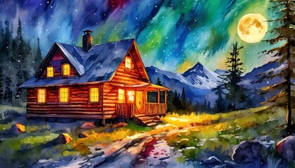a cabin under a moonlit sky. Utilize a rich, deep color palette to enhance the night ambiance, focusing on the glow emanating from the cabin's windows. Create a sense of warmth and solitude in the moo