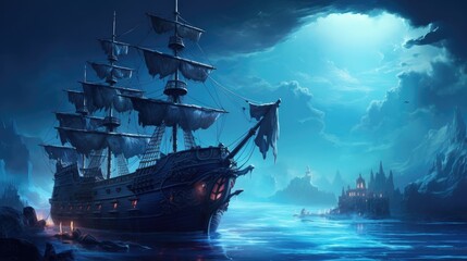 pirate ship on beach at night  - obrazy, fototapety, plakaty
