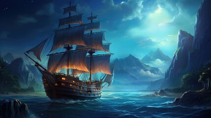 pirate ship on beach at night 