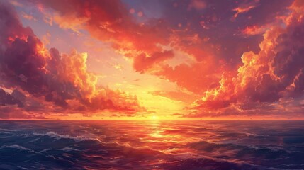 Fototapeta premium sunset over the ocean. Manga style clouds generative ai