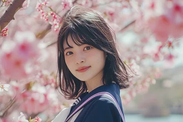 Tuinposter 桜と笑顔の日本人の女子高生のポートレート（春・セーラー服・卒業・入学・アイドル） © Maki_Japan