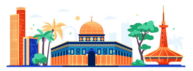 Israeli National Architectural Treasure - modern colored vector illustration with Al-Aqsa Mosque, Eilat Underwater Observatory and Azrieli Center Mall. Islamic landmarks and travelling idea