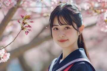 桜と笑顔の日本人の女子高生のポートレート（春・セーラー服・卒業・入学・アイドル）