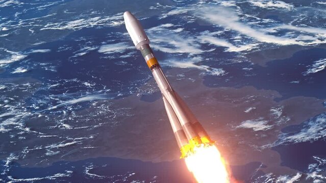 Cargo carrier rocket take off over Earth. 3d animation. 4k.