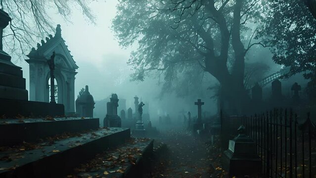 As the fog thickens, the cemetery is transformed into a haunting maze, with each twist and turn revealing a new eerie scene. Fantasy animatio