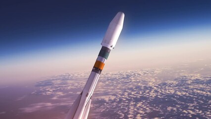 Cargo carrier rocket take off over clouds. 3d animation. 4k.