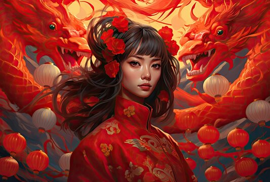 The portrait of a woman and a dragon symbolizes the 2024 Chinese New Year of the Dragon