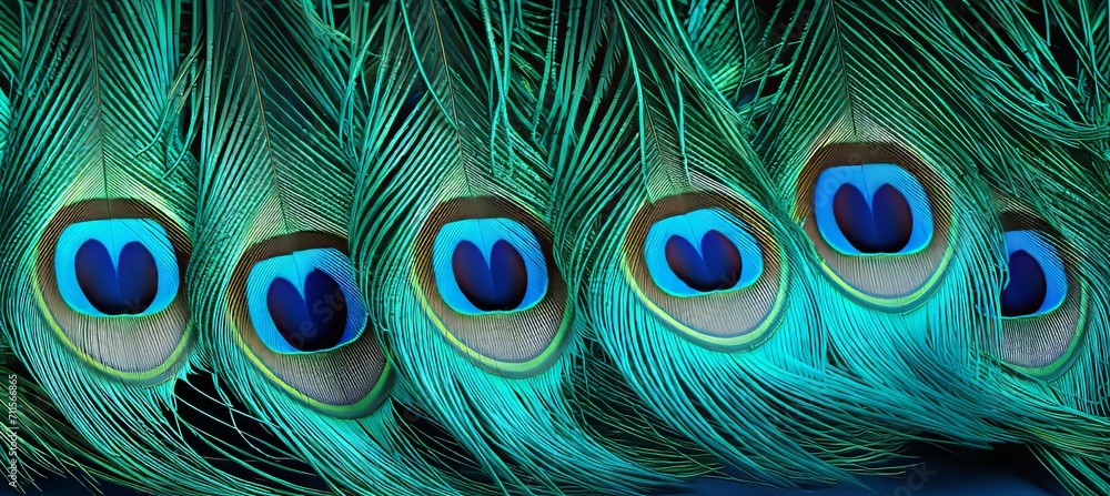 Poster macro view of vibrant peacock feather barbules intricate microstructures and colorful hues