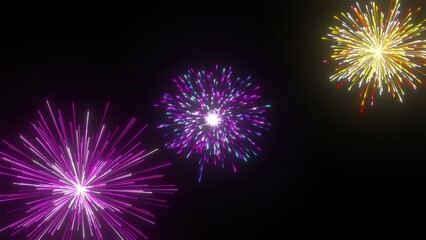 Fototapeta premium Colorful fireworks on black background. Computer generated 3d render
