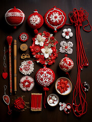 Red and white flat lay martenitsa collection
