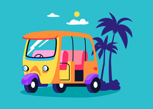 Tuk-tuk Asian transport - modern colored vector illustration with tricycle taxi. Travel methods on vacation, vehicle for city, local drivers, palm trees, recreation and exotic, tropics lifestyle idea