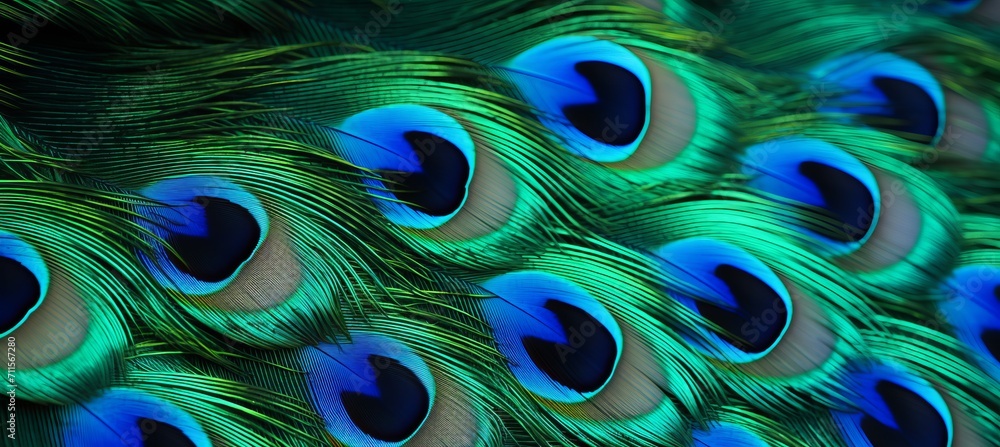 Poster close up macro view of a mesmerizing peacock feather showcasing intricate barbules and vibrant hues