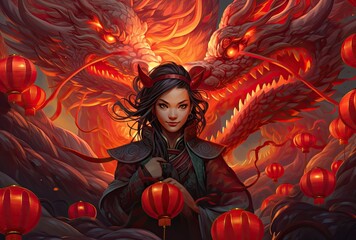 The portrait of a woman and a dragon symbolizes the 2024 Chinese New Year of the Dragon