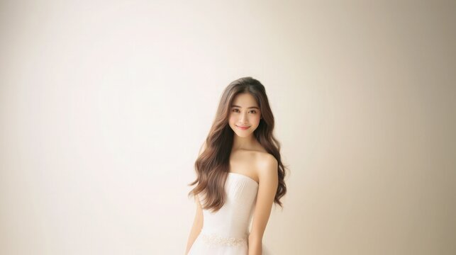 Beautiful Asian Woman Happy Bride Portrait Studio Photo Photography Profile Picture Young Model with Long Hair Concept of Bridal Wedding Dress on White Light Color Background 16:9 