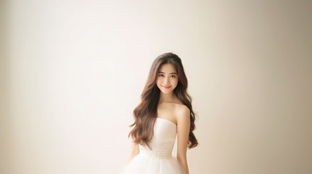 Beautiful Asian Woman Happy Bride Portrait Studio Photo Photography Profile Picture Young Model with Long Hair Concept of Bridal Wedding Dress on White Light Color Background 16:9 