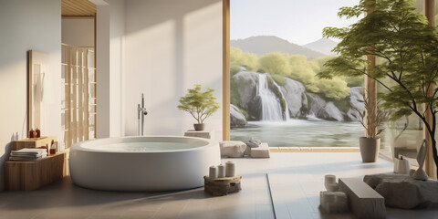 Zen-inspired bathroom with nature view and soaking tub