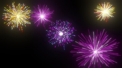 Colorful fireworks on black background. Computer generated 3d render