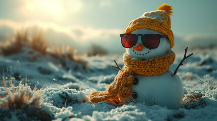 A happy snowman wearing a scarf and sunglasses.