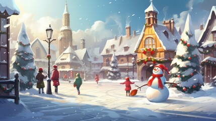 Winter theme children are playing in the snow with snowmen outdoors with joy