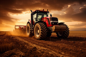 Obraz premium red tractor on the field