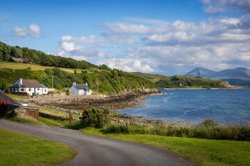 Peaceful Scottish landscape in the Isle of Raasay on a beautiful sunny and blue day, Raasay,...