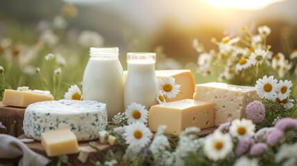 Dairy products, including bottles of milk and a variety of cheeses, are arranged on a wooden board among meadow flowers under the rays of the setting sun.
 - obrazy, fototapety, plakaty