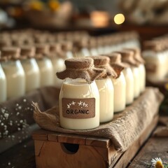 Dairy products, including bottles of milk and a variety of cheeses, are arranged on a wooden board among meadow flowers under the rays of the setting sun.
