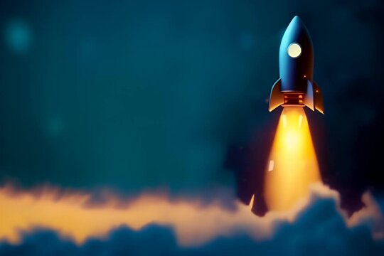 Rocket taking off on dark blue background, startup and business concept.