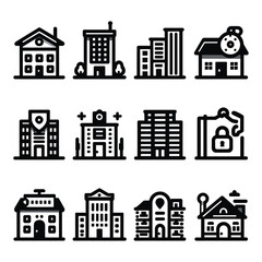 TWELVE ICON SET OF BUILDING IN WHITE AND BLACK ILLUSTRATION VECTOR