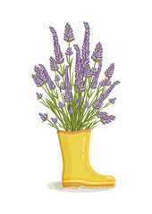 Bouquet of lavender flowers in yellow rain boots. Spring composition for women's day, mother's day, birthday and other holidays. Spring floral design isolated vector illustration.