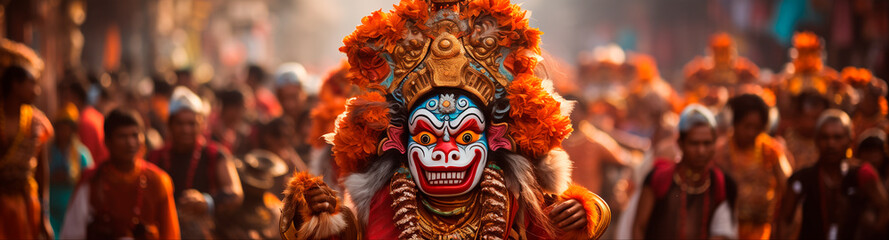Indonesian Celebrations Lifestyle Nyepi, Hanuman Jayanti. Temple ritual dance at ceremony on...