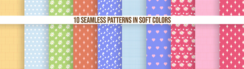 10 seamless patterns in soft colors for paper, packaging, fabric, print