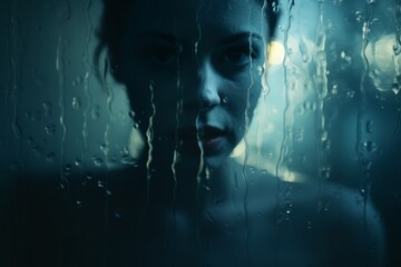Portrait of a beautiful young woman behind wet glass with raindrops - obrazy, fototapety, plakaty