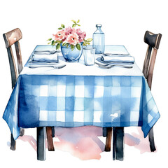 Gedeckter Essenstisch Aquarell Servierung Sommerliche Tafel Esszimmer Möbel Illustration Handgemalt Tischkultur Küchendekor Wandkunst Stilvolles Zuhause Design