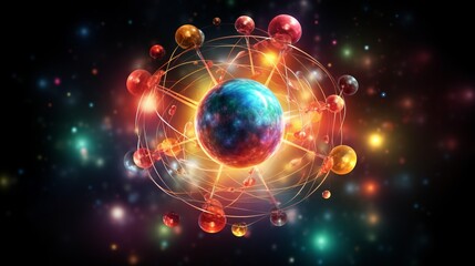 Illustration of electrons orbiting a fixed, positively charged nucleus in predictable paths - obrazy, fototapety, plakaty