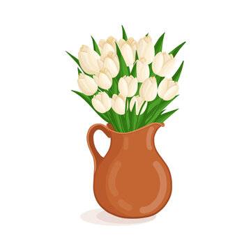 White bouquet of tulips flowers in a pitcher. Spring blooming vector illustration for women's day, mother's day, easter and other holidays. Floral isolated design for postcard, poster, ad, and other.