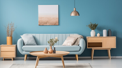Round coffee table, side cabinet near grey sofa against blue wall. Scandinavian home interior design of modern living room