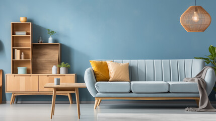 Round coffee table, side cabinet near grey sofa against blue wall. Scandinavian home interior design of modern living room