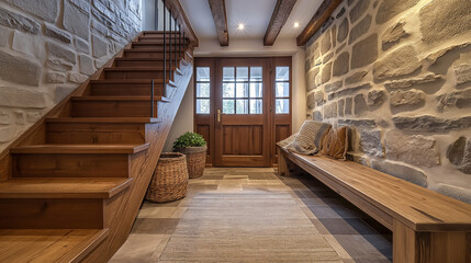 Obraz premium Wooden staircase and stone cladding wall in rustic hallway. Cozy home interior design of modern entrance hall with door