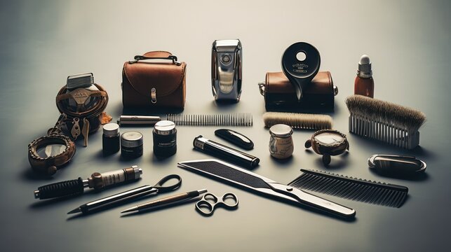 Set of classic barbershop tools, scissors, razor, brush.